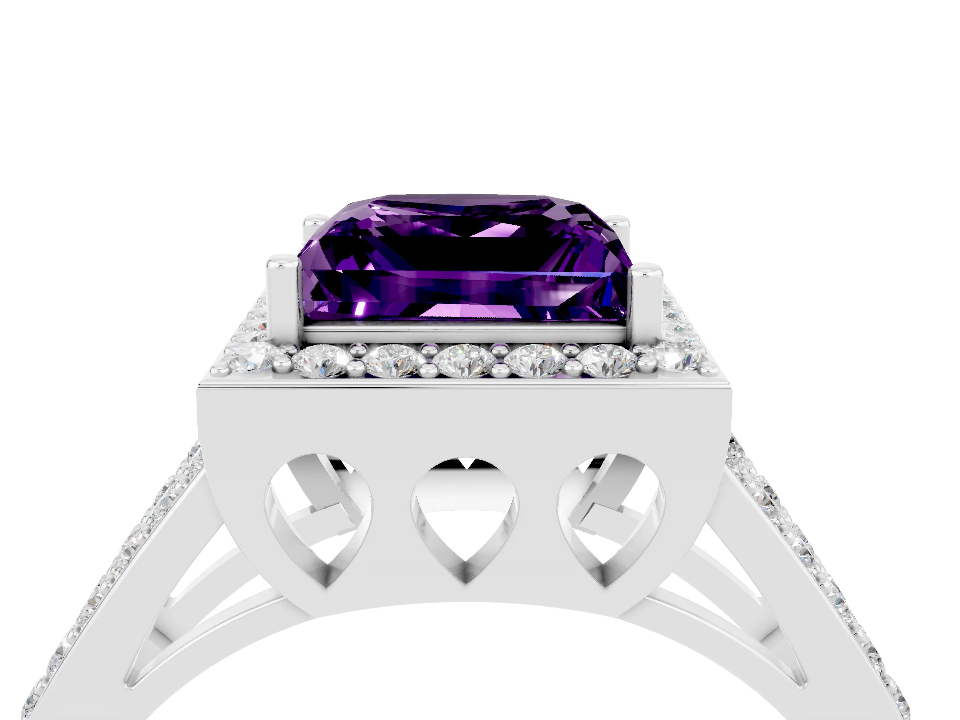 White gold Princess Cut Amethyst Halo Ring with Split Shank U-Prong Band and Four-Prong Setting_4