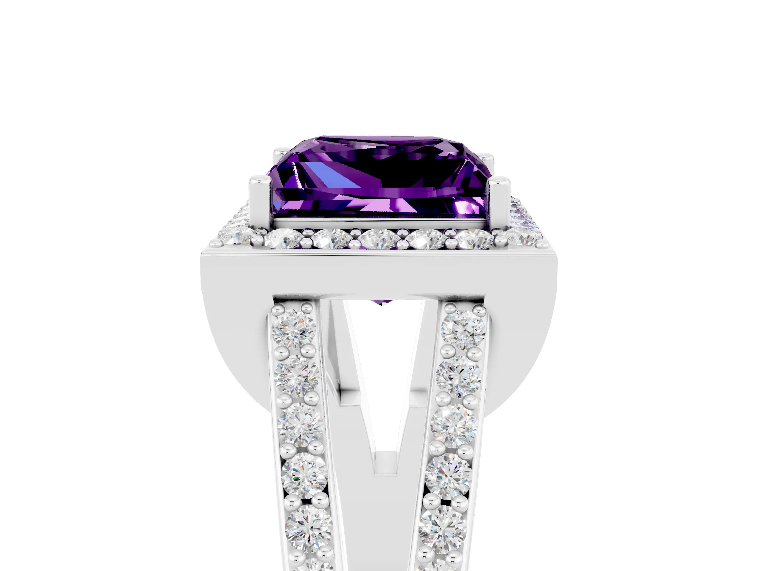 White gold Princess Cut Amethyst Halo Ring with Split Shank U-Prong Band and Four-Prong Setting_5