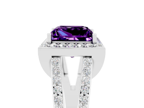 White gold Princess Cut Amethyst Halo Ring with Split Shank U-Prong Band and Four-Prong Setting_5