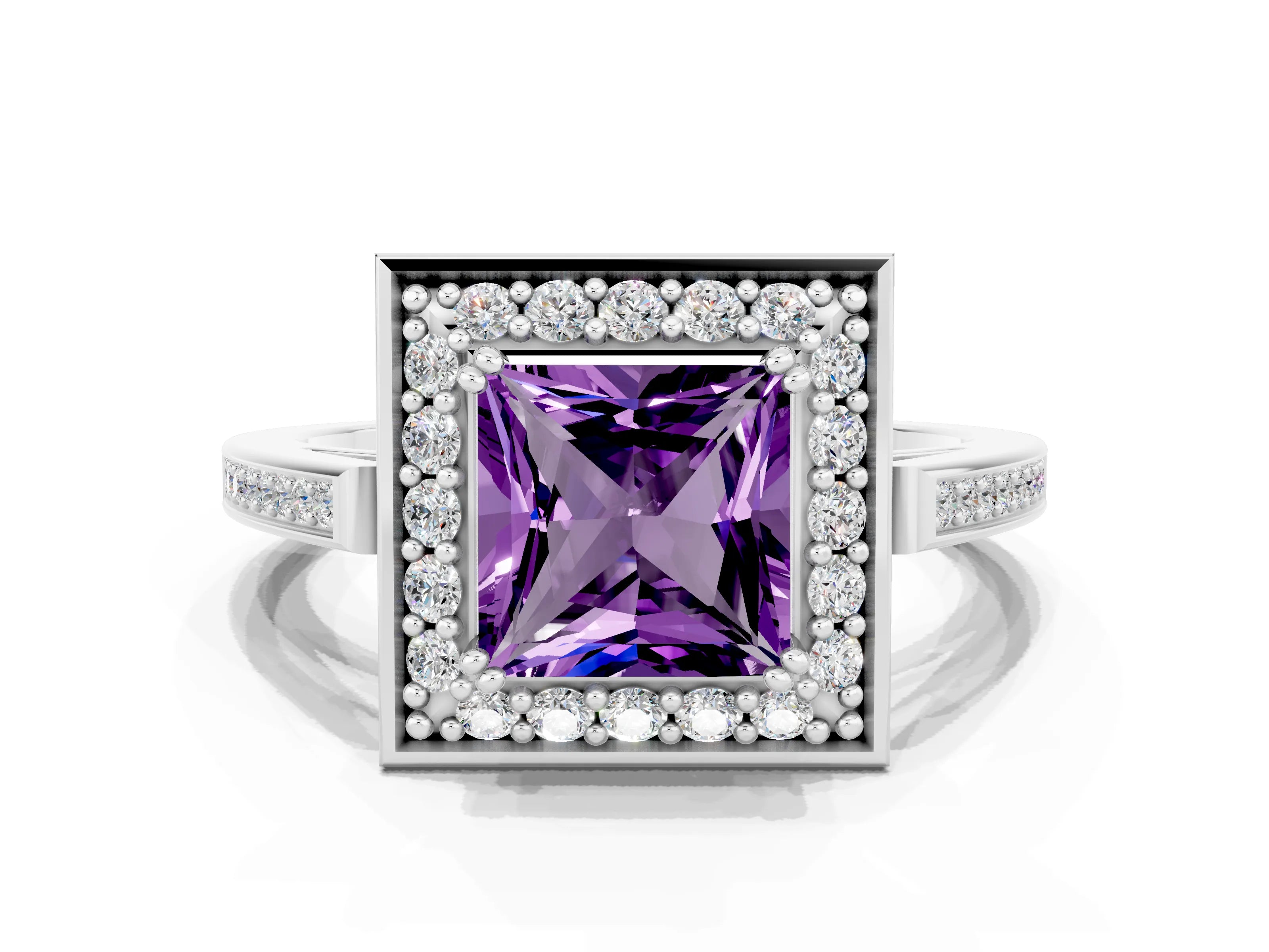 White gold Princess Cut Amethyst Halo Ring with Split Shank and Four-Prong Setting_12