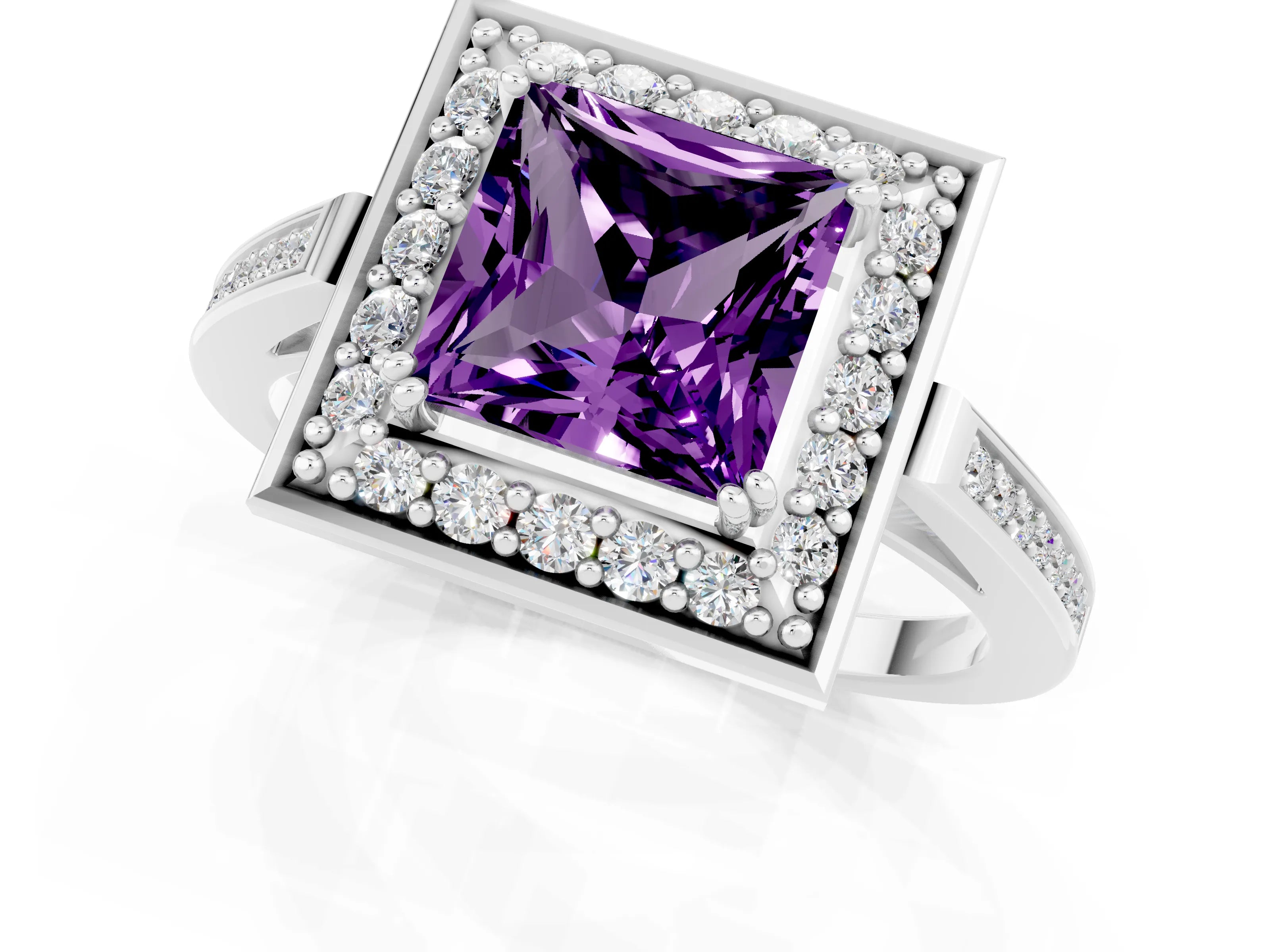White gold Princess Cut Amethyst Halo Ring with Split Shank and Four-Prong Setting_13