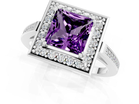 White gold Princess Cut Amethyst Halo Ring with Split Shank and Four-Prong Setting_13