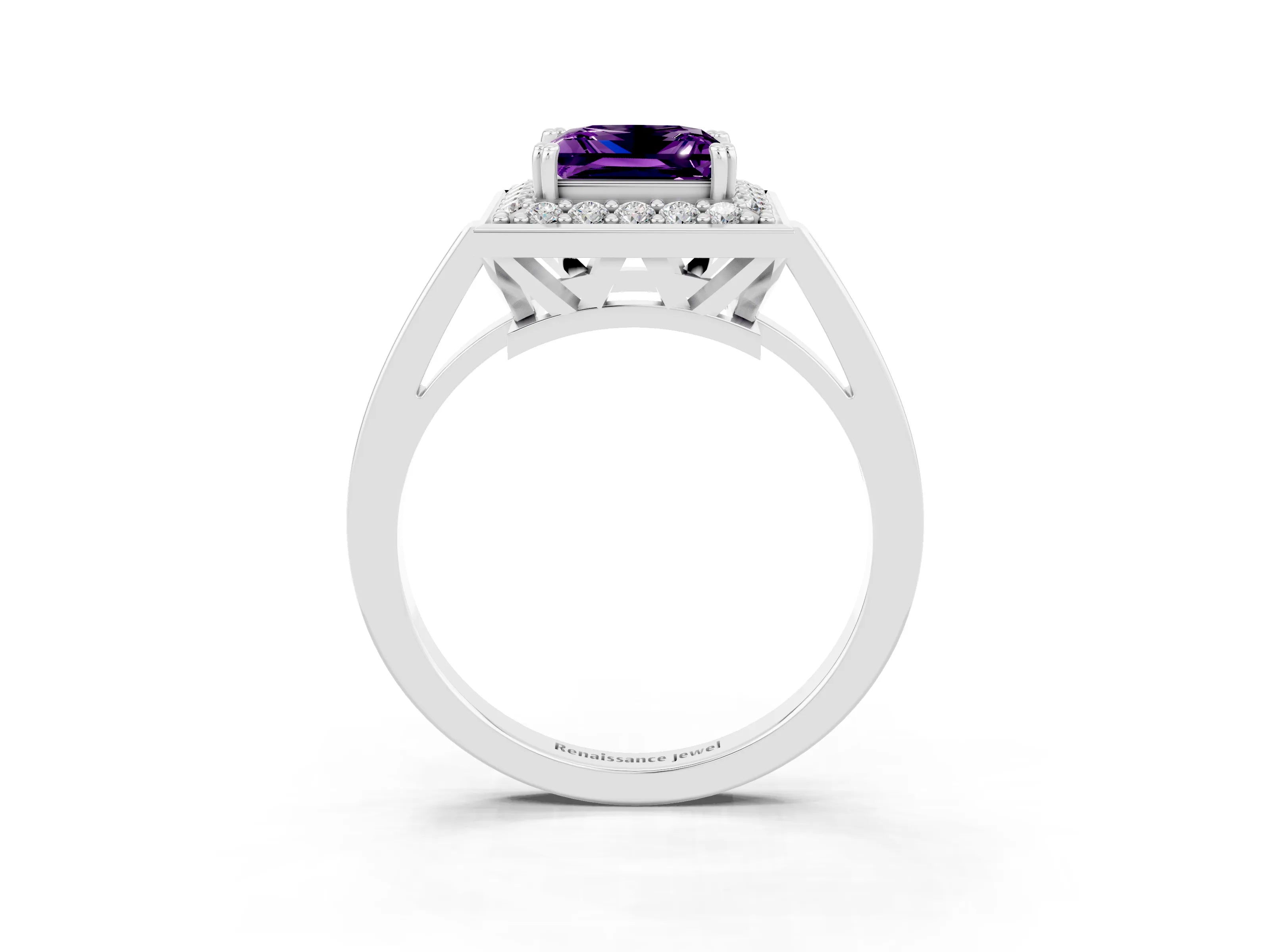 White gold Princess Cut Amethyst Halo Ring with Split Shank and Four-Prong Setting_15