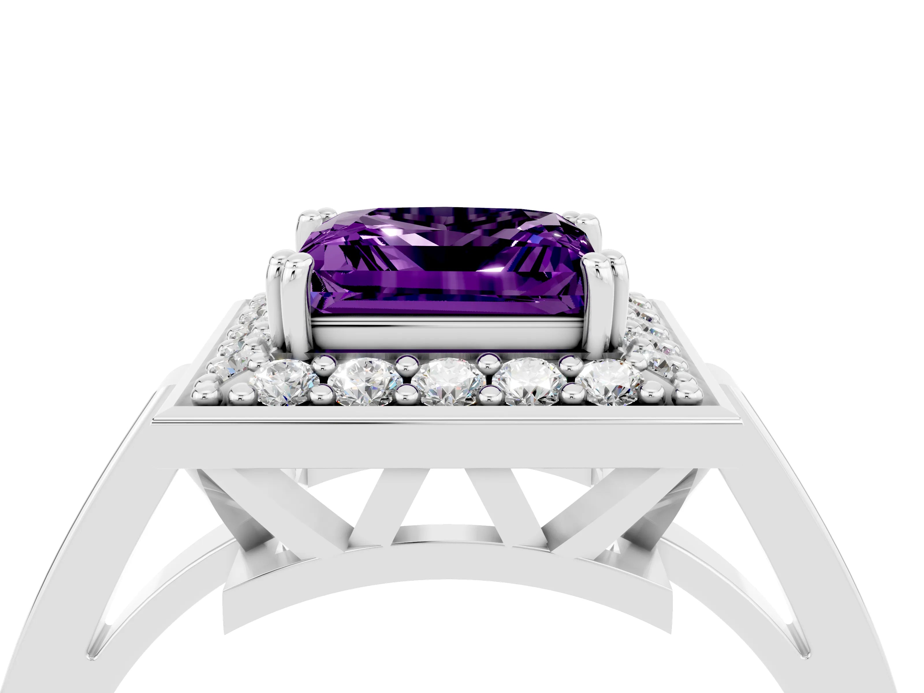 White gold Princess Cut Amethyst Halo Ring with Split Shank and Four-Prong Setting_16