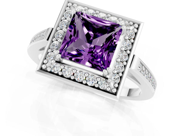 White gold Princess Cut Amethyst Halo Ring with Split Shank and Four-Prong Setting