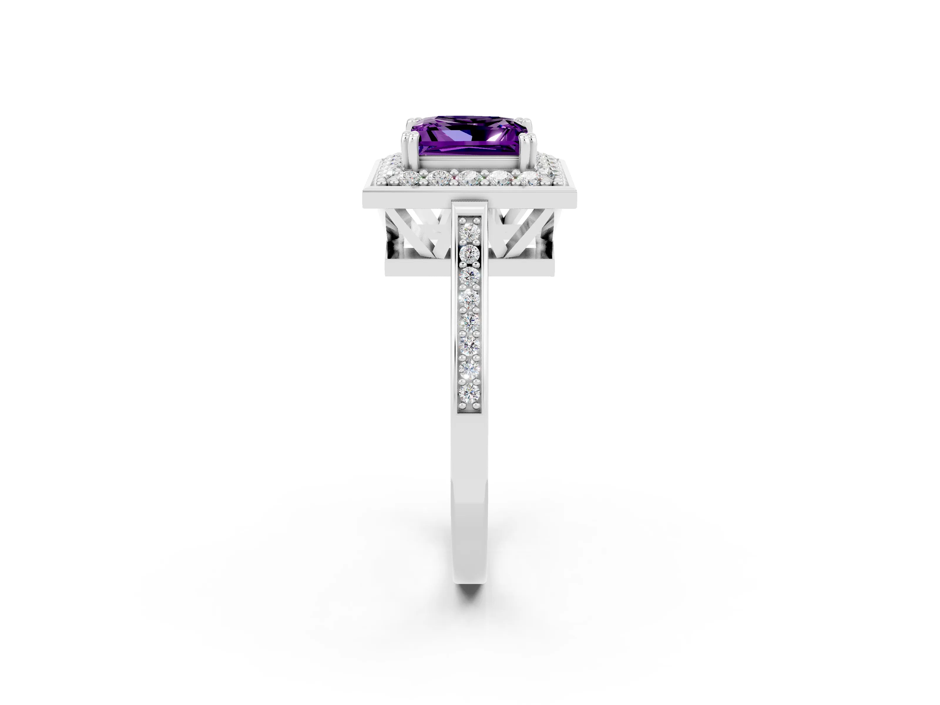 White gold Princess Cut Amethyst Halo Ring with Split Shank and Four-Prong Setting_20