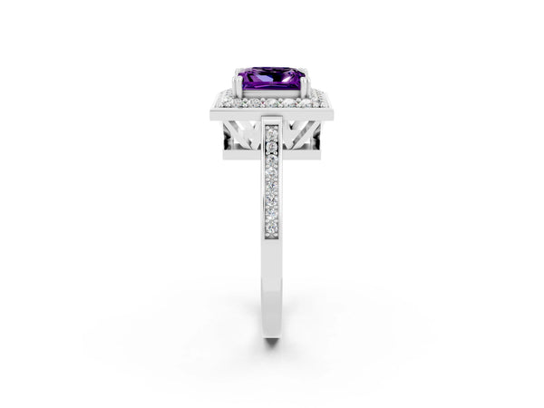 White gold Princess Cut Amethyst Halo Ring with Split Shank and Four-Prong Setting