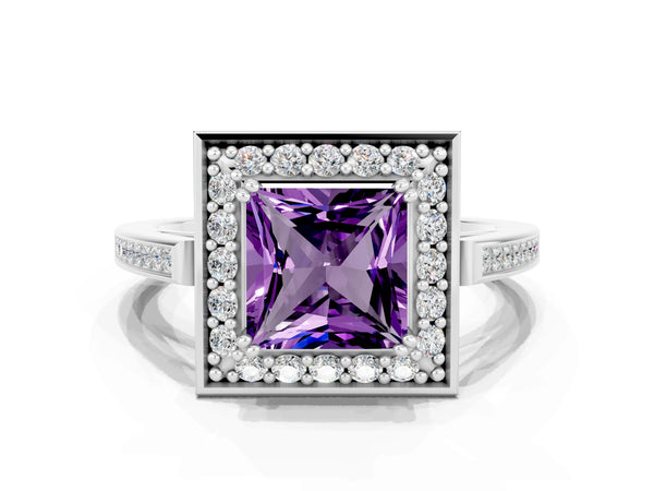Silver Princess Cut Amethyst Halo Ring with Split Shank and Four-Prong Setting