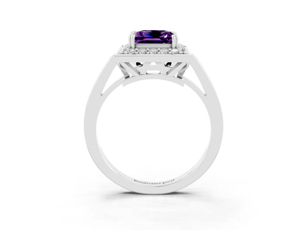 White gold Princess Cut Amethyst Halo Ring with Split Shank and Four-Prong Setting
