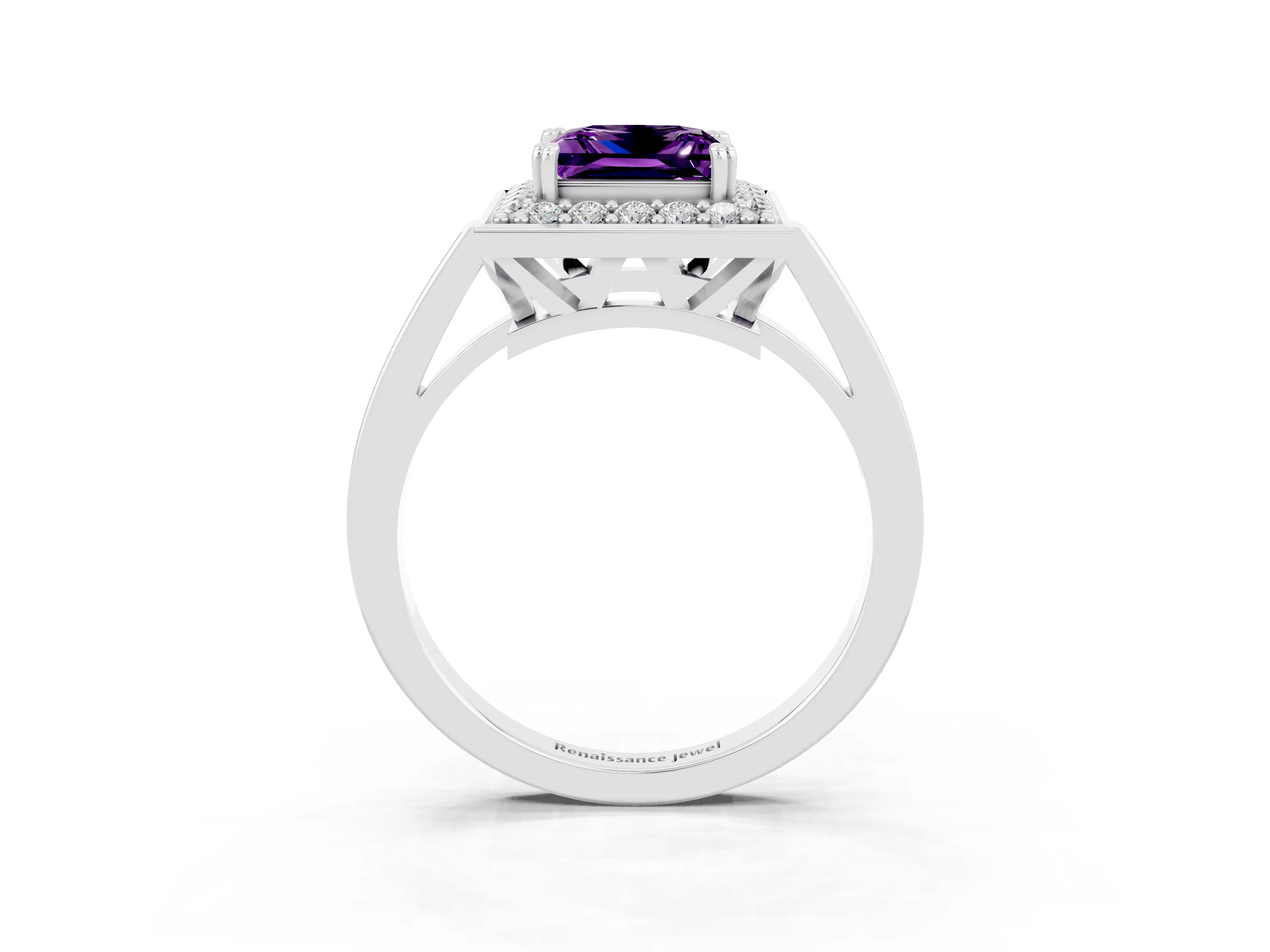 White gold Princess Cut Amethyst Halo Ring with Split Shank and Four-Prong Setting_27