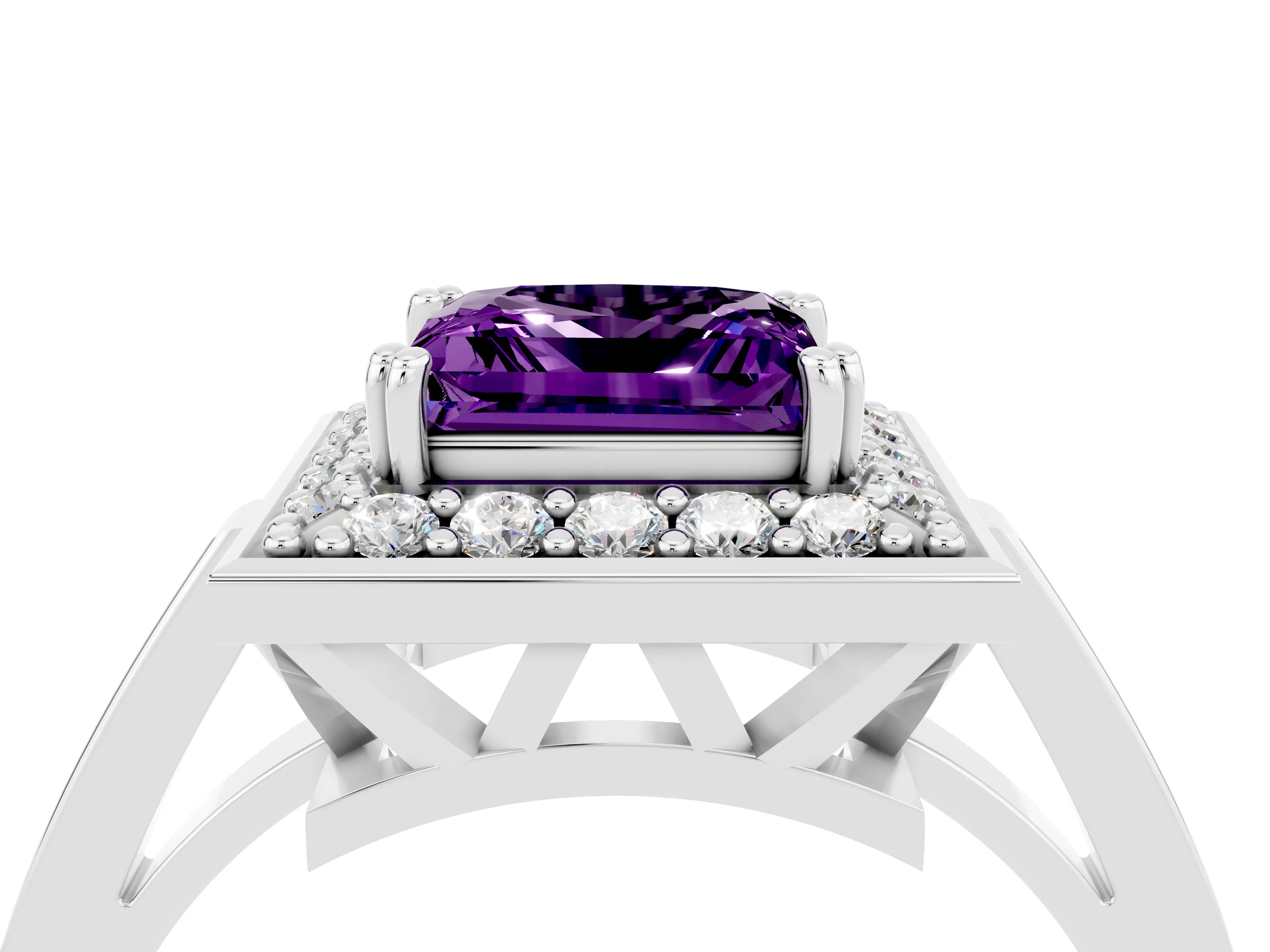 White gold Princess Cut Amethyst Halo Ring with Split Shank and Four-Prong Setting_28