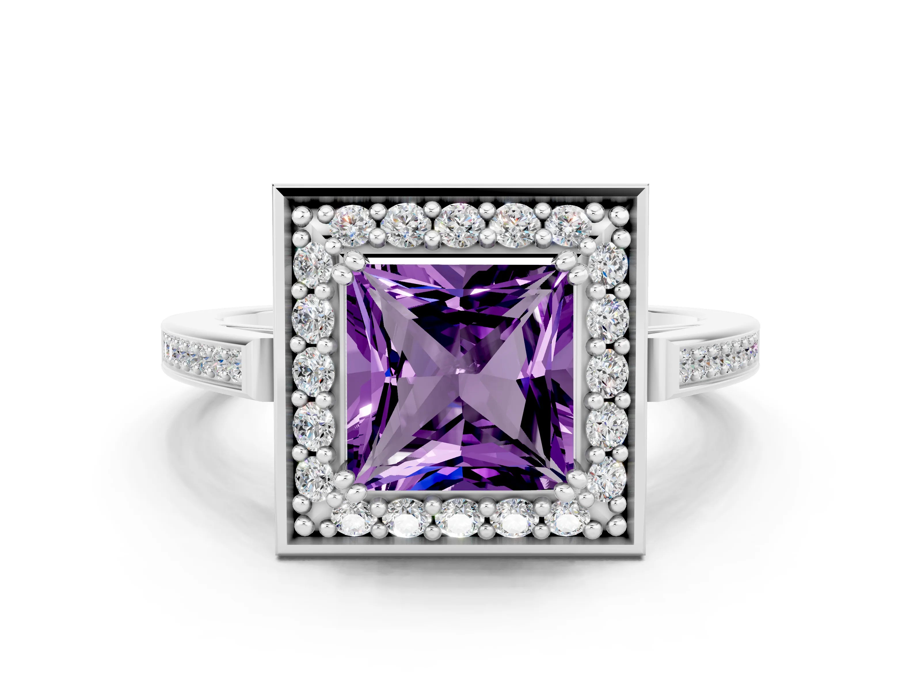 White gold Princess Cut Amethyst Halo Ring with Split Shank and Four-Prong Setting_8