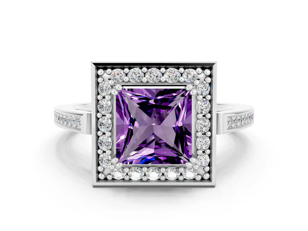 Silver Princess Cut Amethyst Halo Ring with Split Shank and Four-Prong Setting