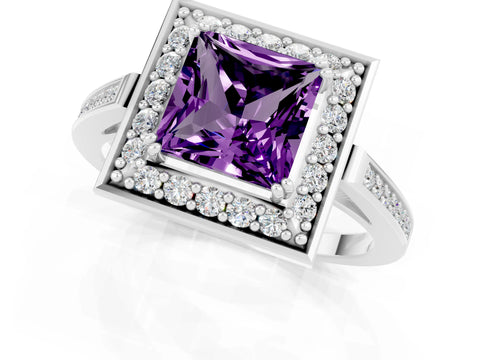 White gold Princess Cut Amethyst Halo Ring with Split Shank and Four-Prong Setting_9