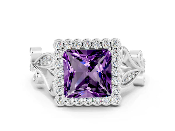 White gold Princess Cut Amethyst Halo Ring with Vintage Split Shank and Four-Prong Setting