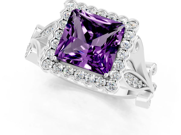 Silver Princess Cut Amethyst Halo Ring with Vintage Split Shank and Four-Prong Setting
