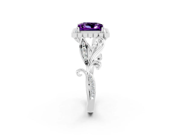 White gold Princess Cut Amethyst Halo Ring with Vintage Split Shank and Four-Prong Setting