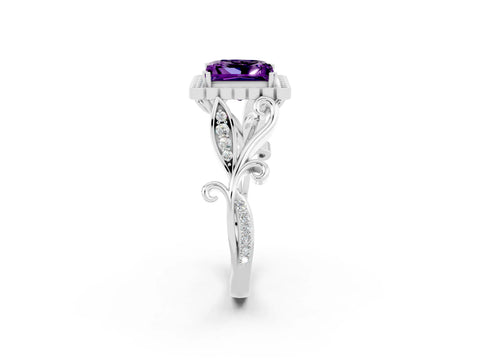 White gold Princess Cut Amethyst Halo Ring with Vintage Split Shank and Four-Prong Setting_26