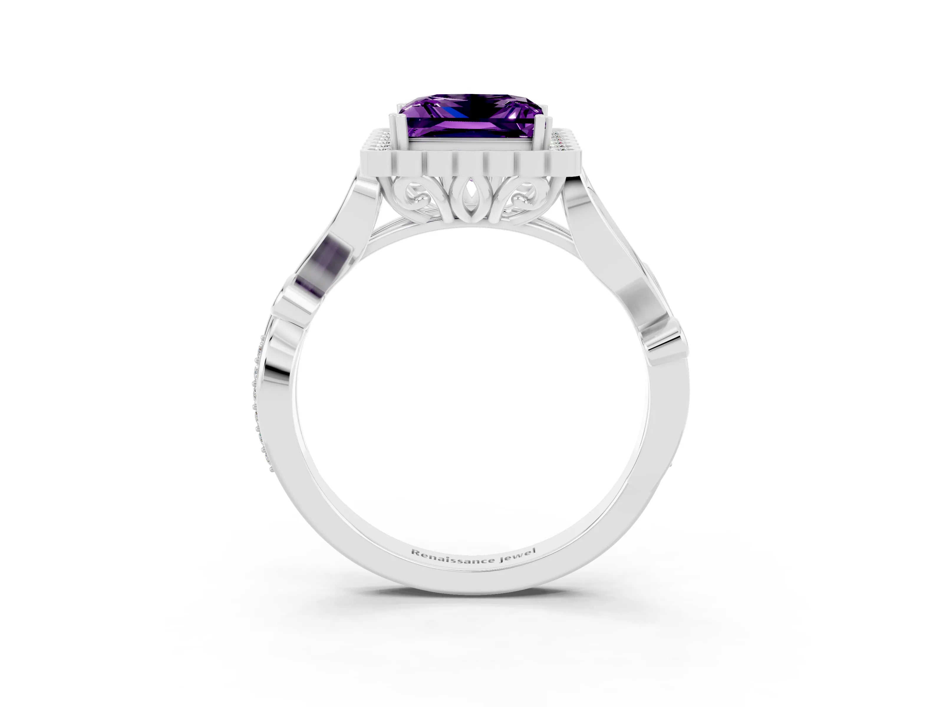 White gold Princess Cut Amethyst Halo Ring with Vintage Split Shank and Four-Prong Setting_27
