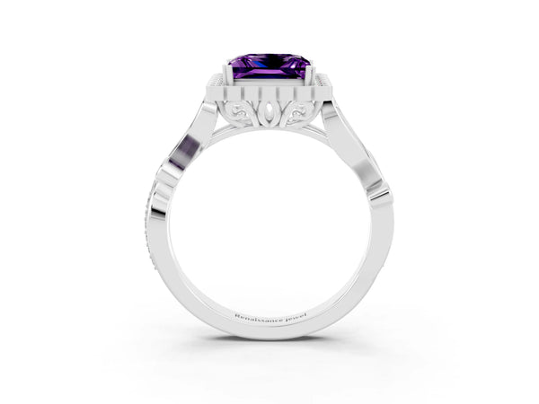 Platinum Princess Cut Amethyst Halo Ring with Vintage Split Shank and Four-Prong Setting