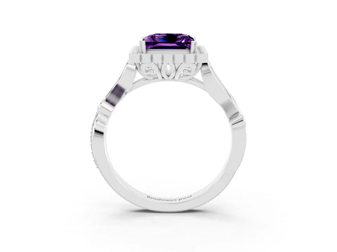 White gold Princess Cut Amethyst Halo Ring with Vintage Split Shank and Four-Prong Setting_27