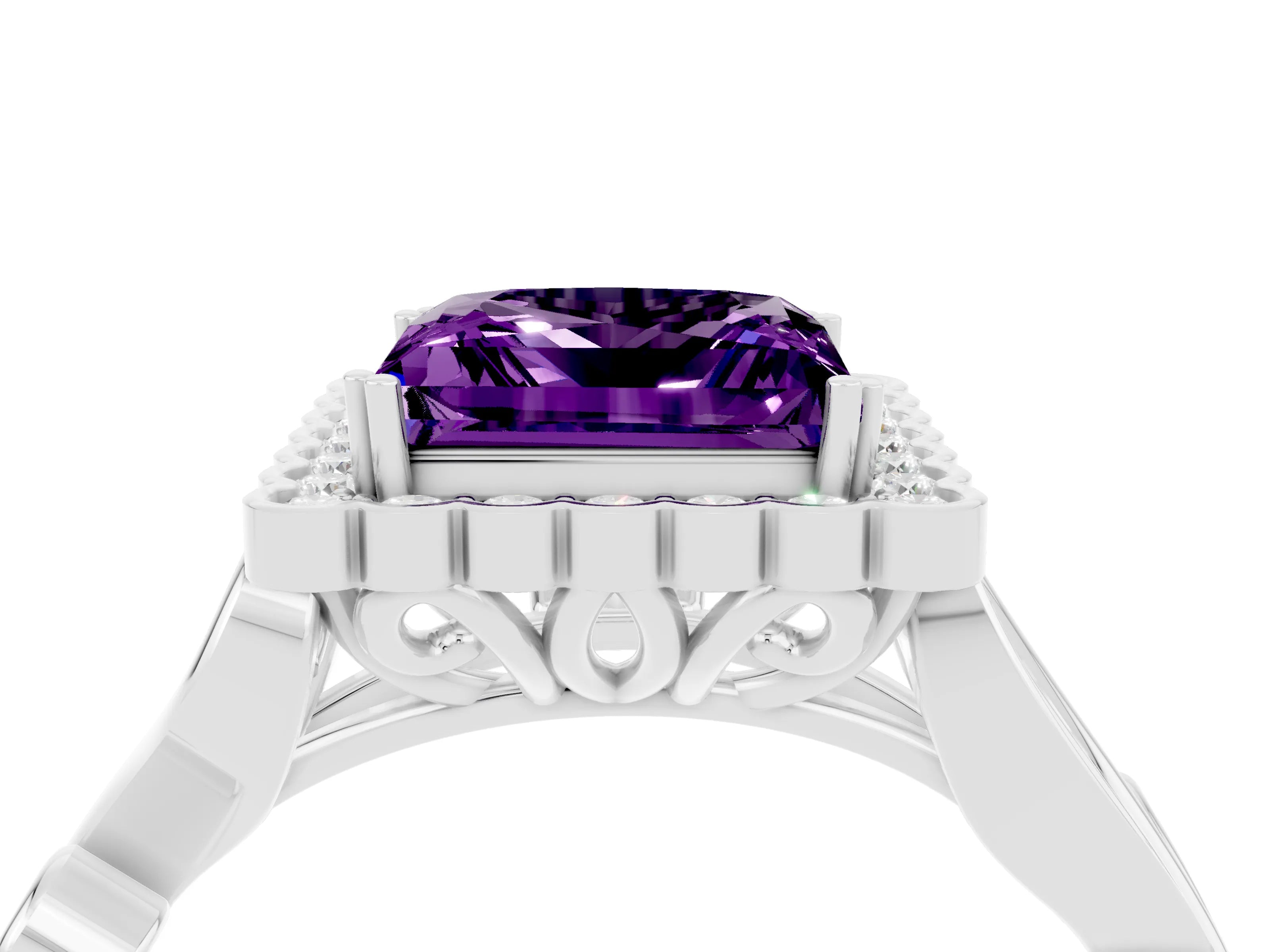 White gold Princess Cut Amethyst Halo Ring with Vintage Split Shank and Four-Prong Setting_28