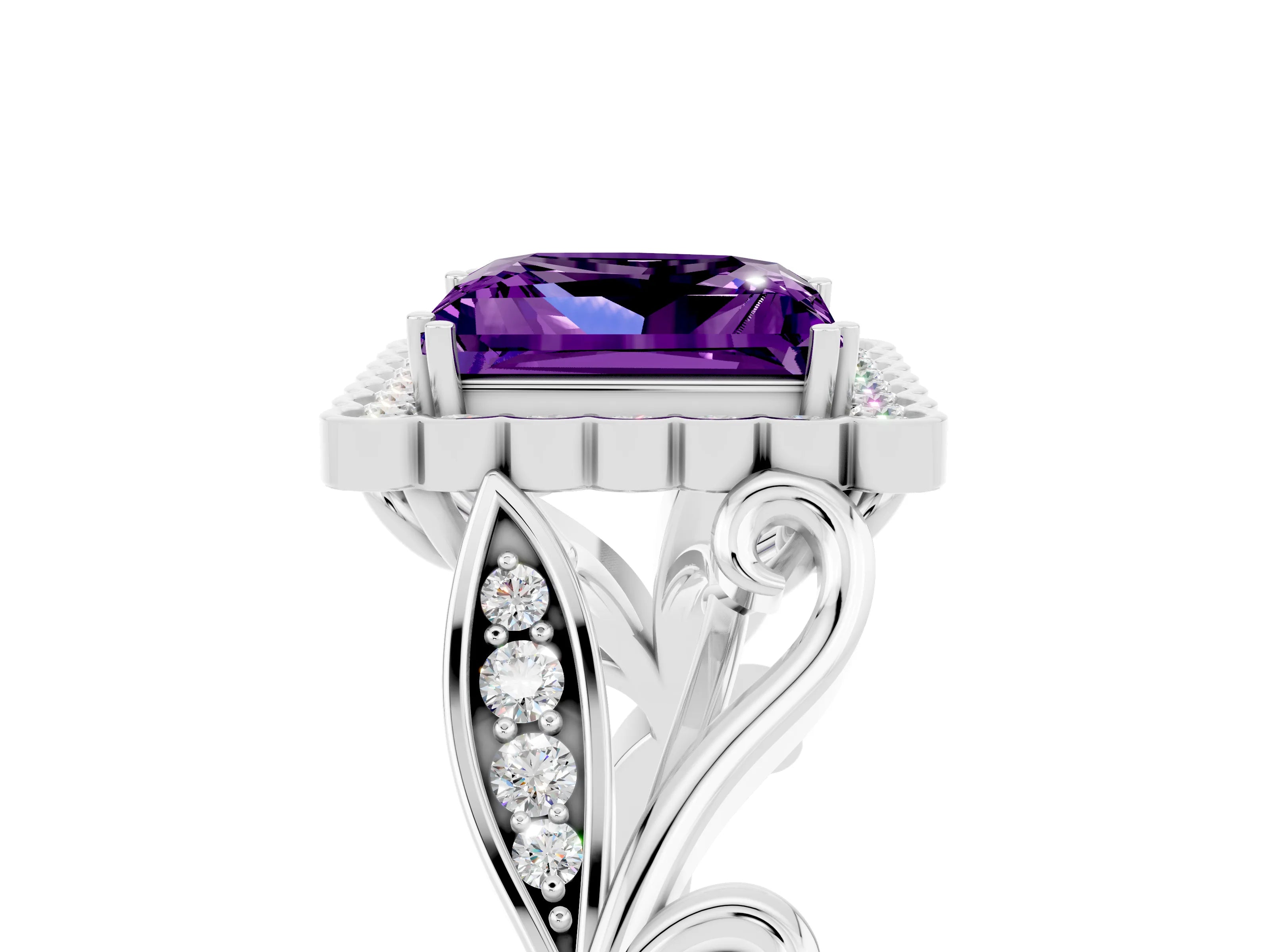 White gold Princess Cut Amethyst Halo Ring with Vintage Split Shank and Four-Prong Setting_29
