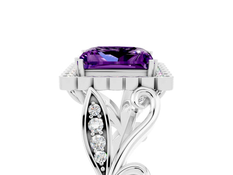 White gold Princess Cut Amethyst Halo Ring with Vintage Split Shank and Four-Prong Setting_29