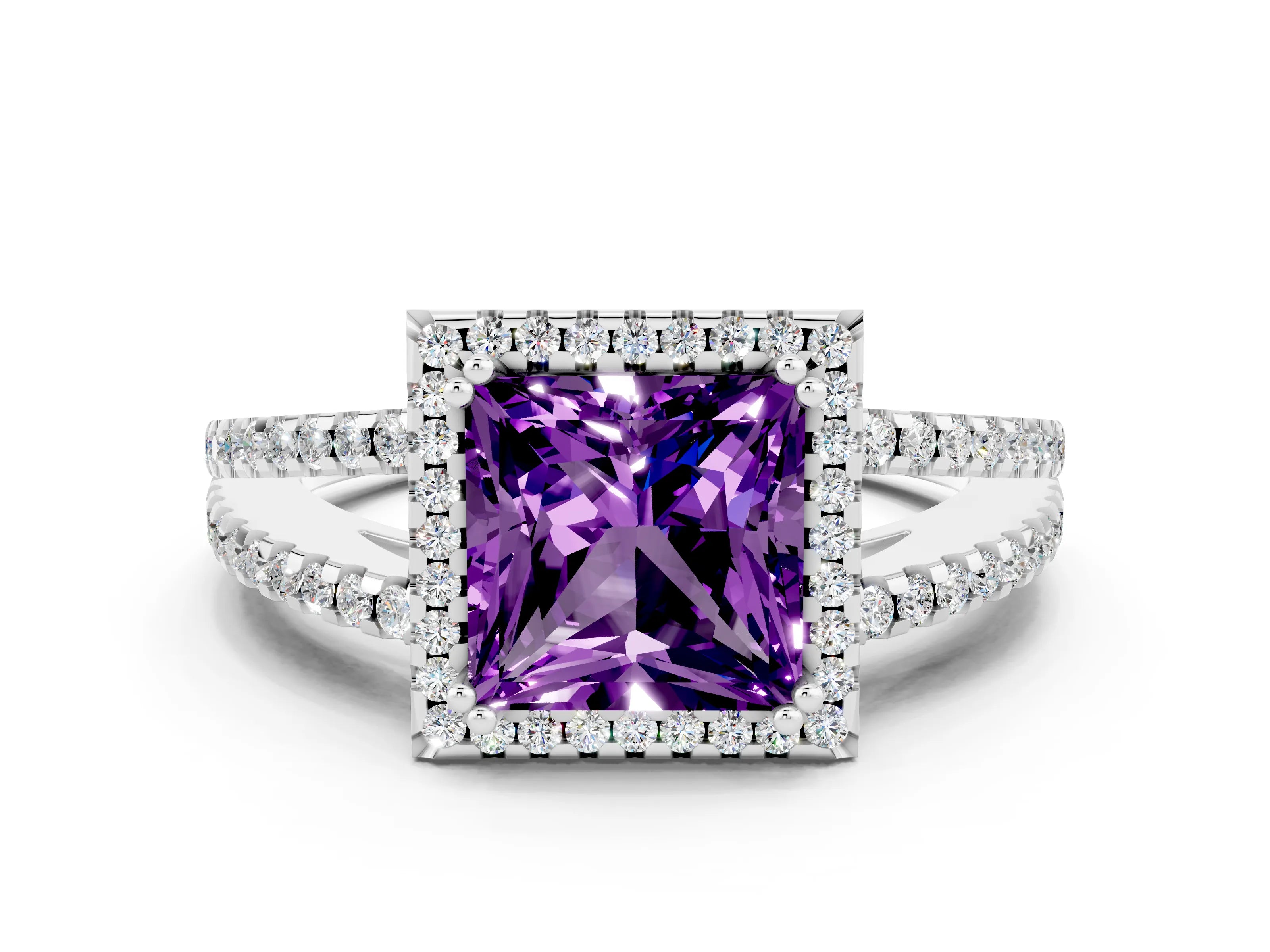 White gold Princess Cut Amethyst Halo Split Shank Engagement Ring_12