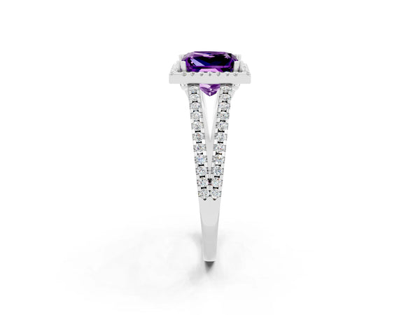 Platinum Princess Cut Amethyst Halo Split Shank Engagement Ring