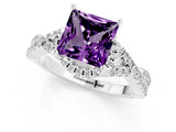 White gold Princess Cut Amethyst Halo Twist Band Solitaire Prong Setting Ring_1