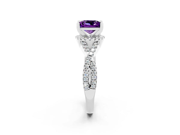 Platinum Princess Cut Amethyst  Halo Twist Band Solitaire Prong Setting Ring