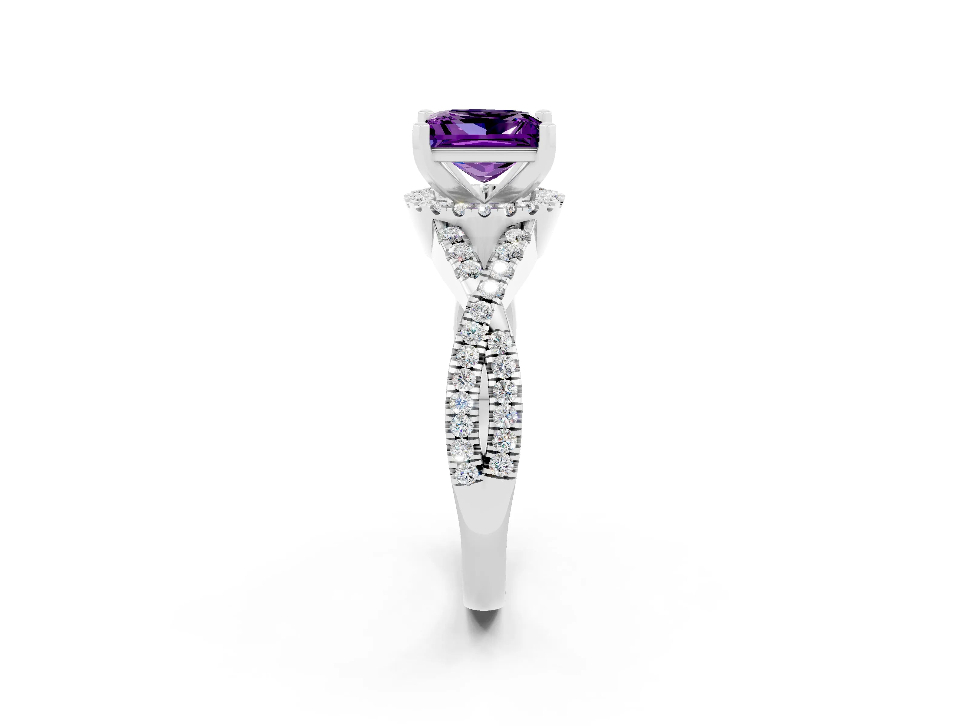 White gold Princess Cut Amethyst Halo Twist Band Solitaire Prong Setting Ring_2