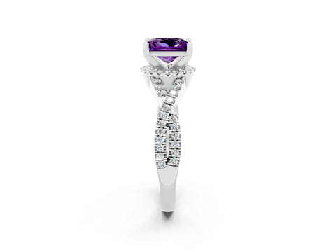 White gold Princess Cut Amethyst Halo Twist Band Solitaire Prong Setting Ring_2