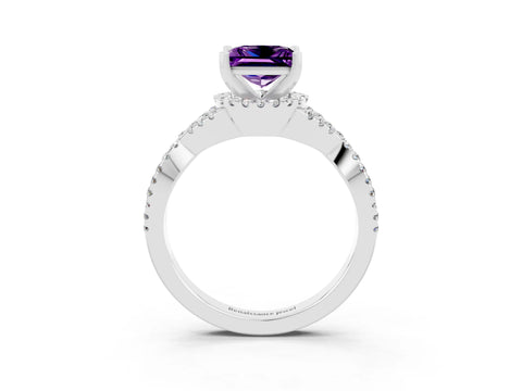 White gold Princess Cut Amethyst Halo Twist Band Solitaire Prong Setting Ring_3