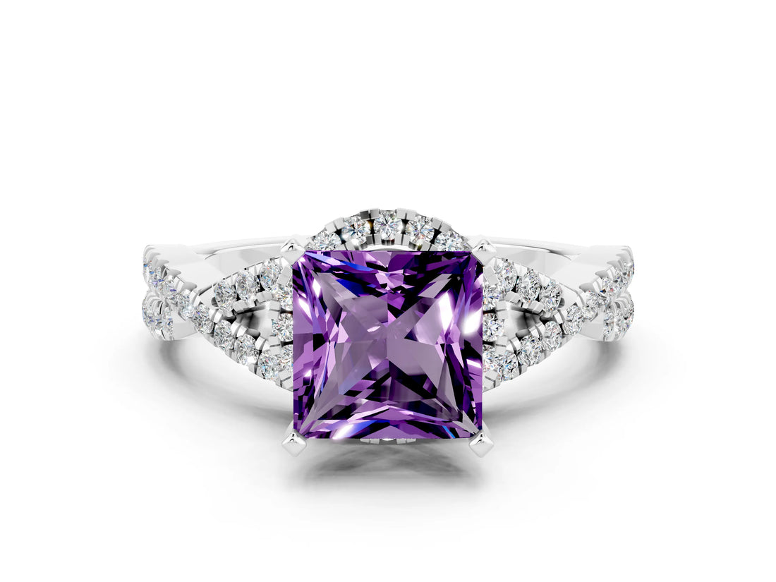 White gold Princess Cut Amethyst  Halo Twist Band Solitaire Prong Setting Ring_54