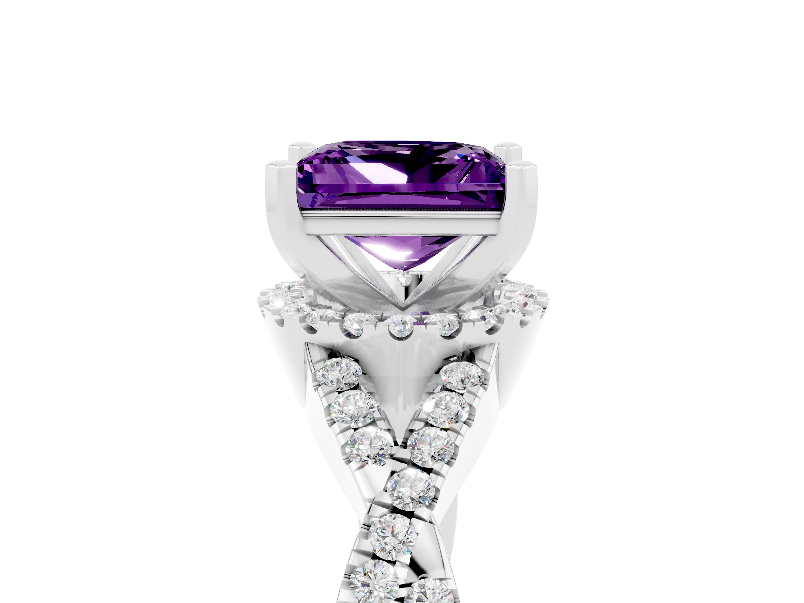 White gold Princess Cut Amethyst Halo Twist Band Solitaire Prong Setting Ring_5