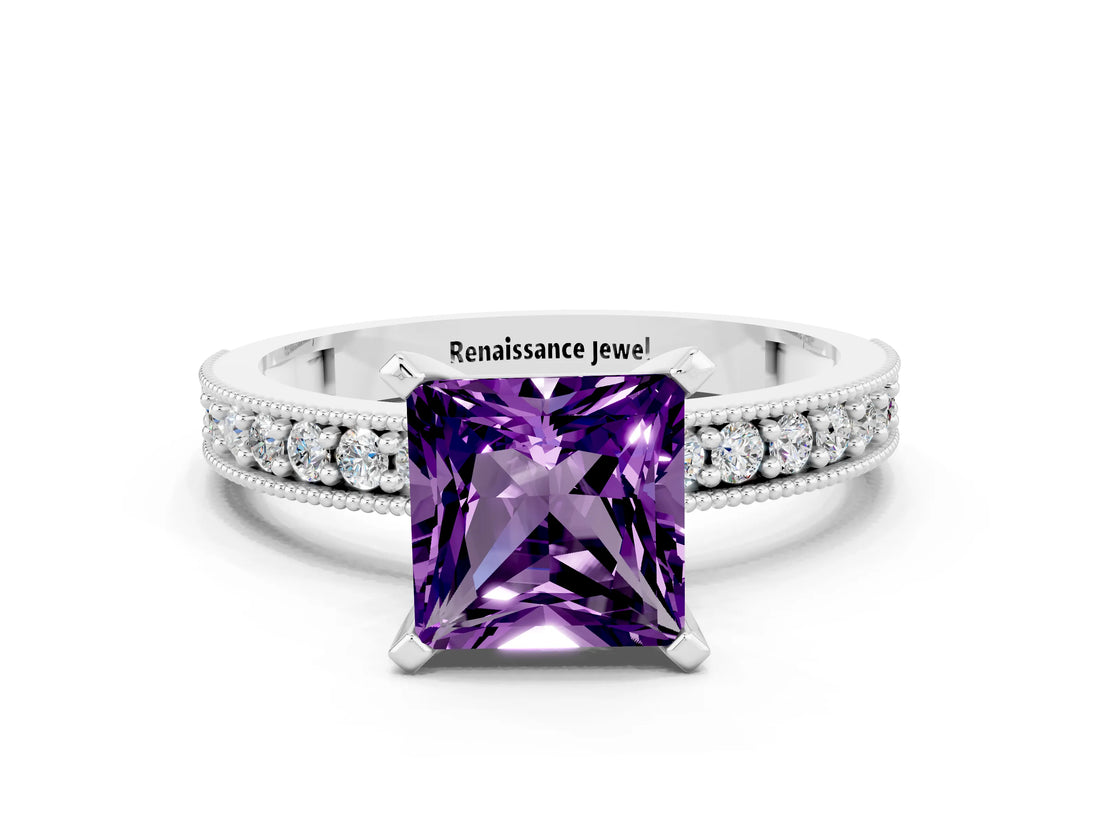 White gold Princess Cut Amethyst Milgrain Pavé Engagement Ring with Four-Prong Setting_12