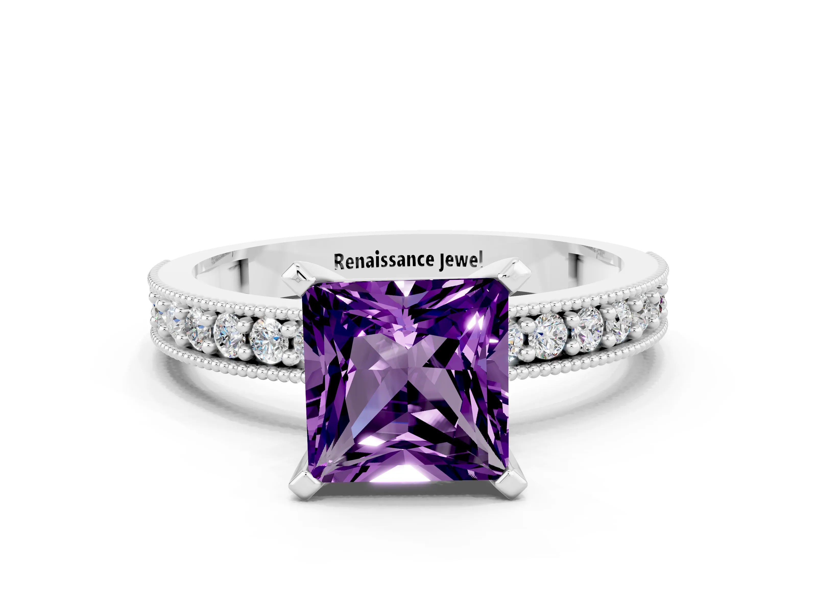 White gold Princess Cut Amethyst Milgrain Pavé Engagement Ring with Four-Prong Setting_12