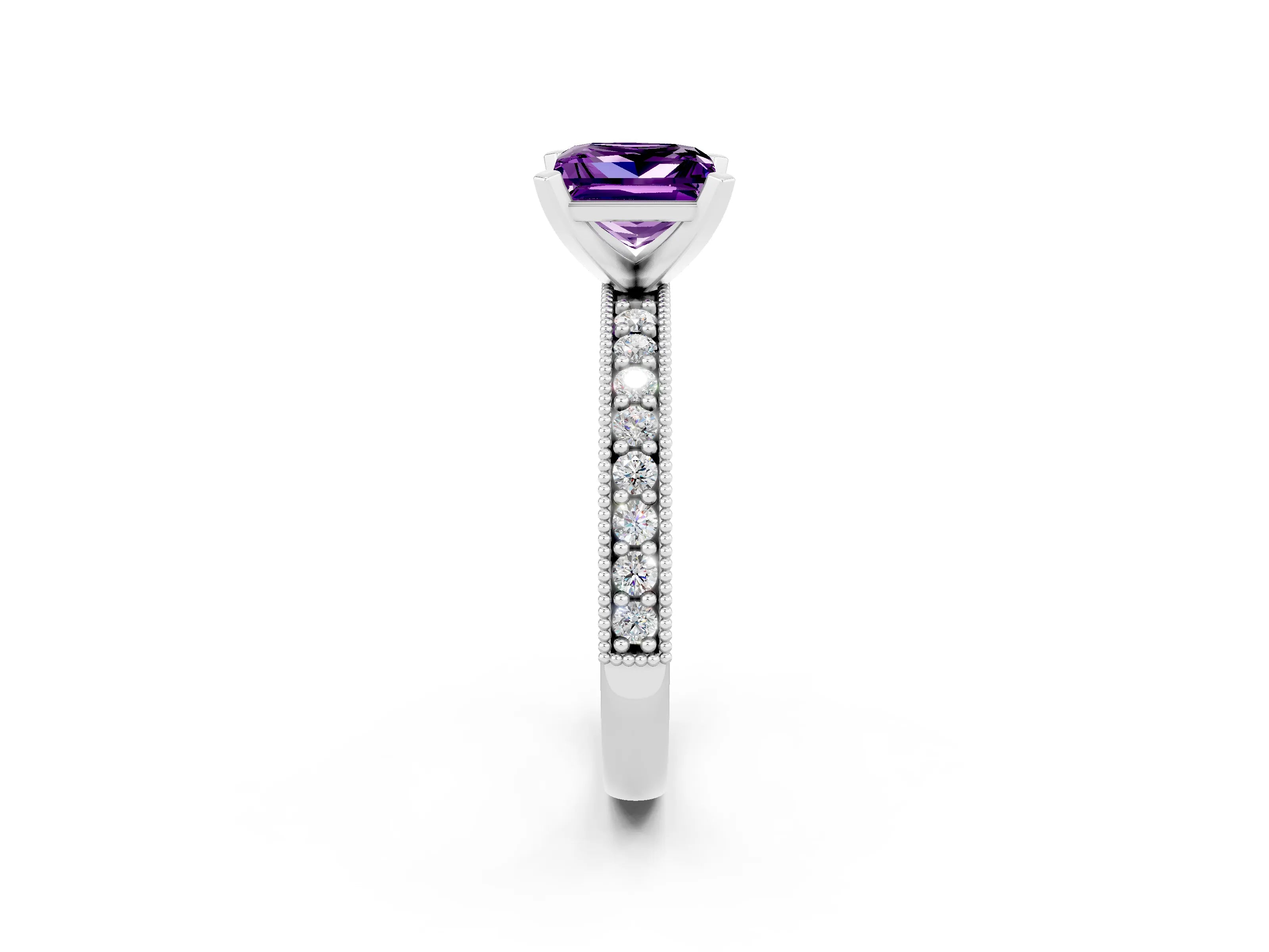 White gold Princess Cut Amethyst Milgrain Pavé Engagement Ring with Four-Prong Setting_14