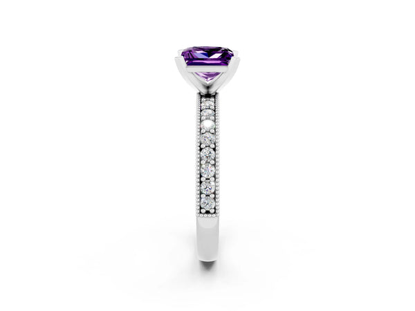 White gold Princess Cut Amethyst Milgrain Pavé Engagement Ring with Four-Prong Setting