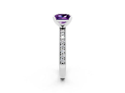White gold Princess Cut Amethyst Milgrain Pavé Engagement Ring with Four-Prong Setting_14