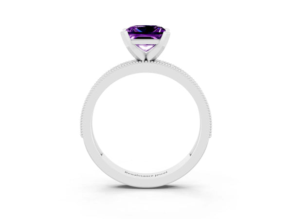 Silver Princess Cut Amethyst Milgrain Pavé Engagement Ring with Four-Prong Setting