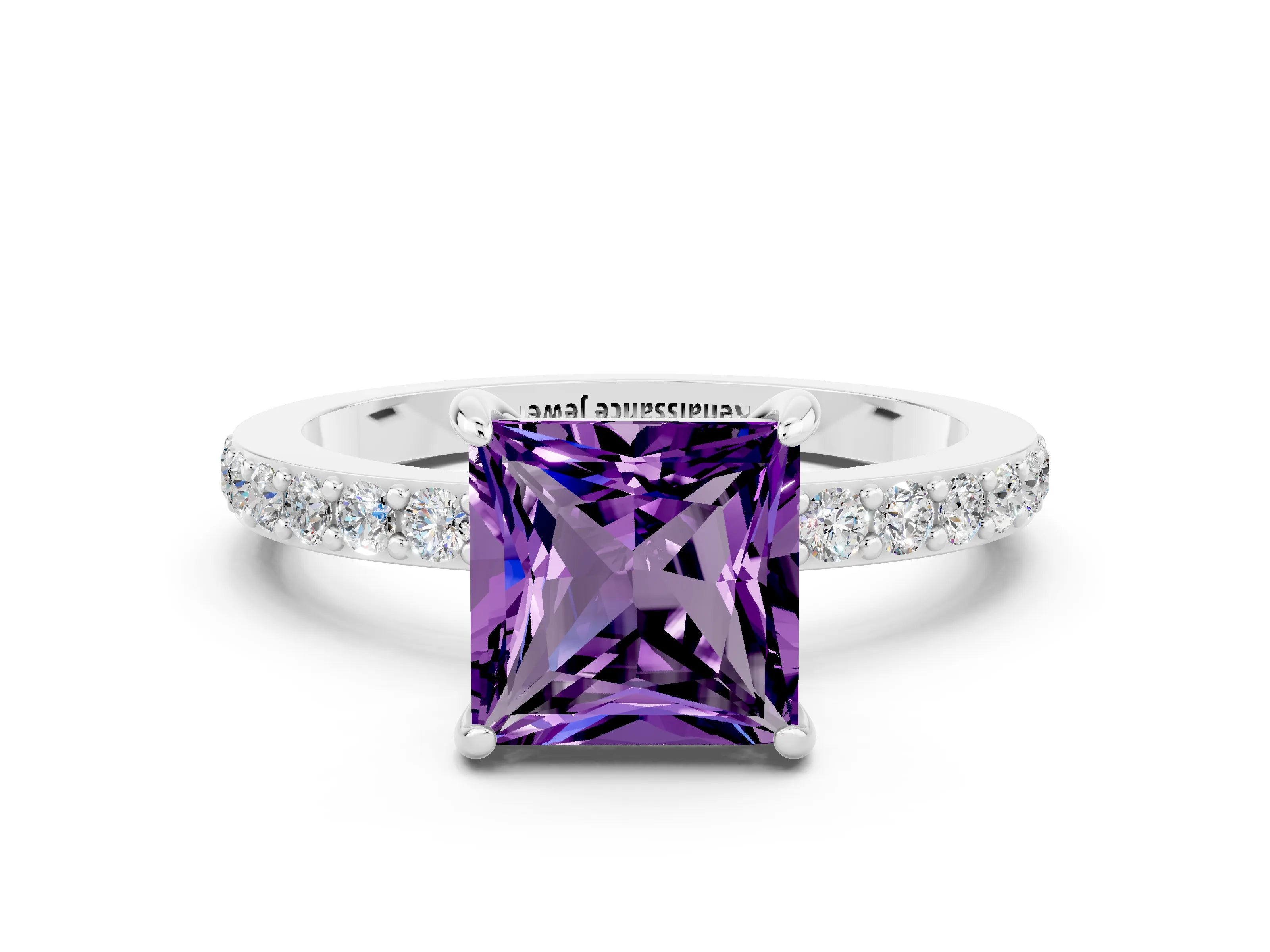 White gold Princess Cut Amethyst Pavé Engagement Ring with Round  Accents and Prong Setting_24