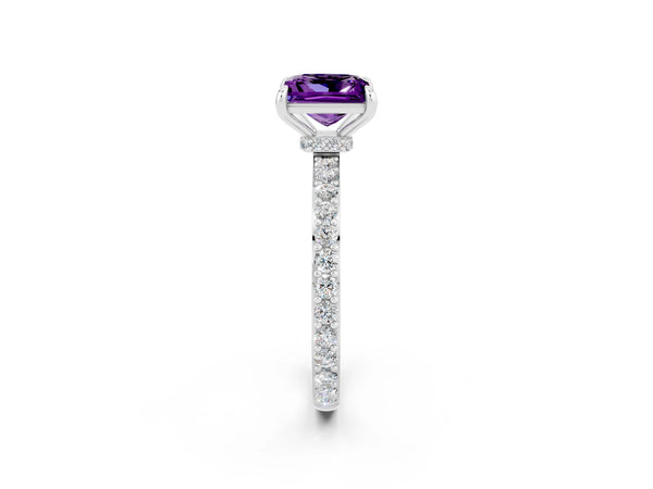 Silver Princess Cut Amethyst Pavé Engagement Ring with Round  Accents and Prong Setting