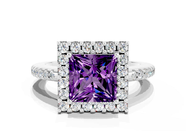 Platinum Princess Cut Amethyst Pavé Halo Ring with Four-Prong Setting