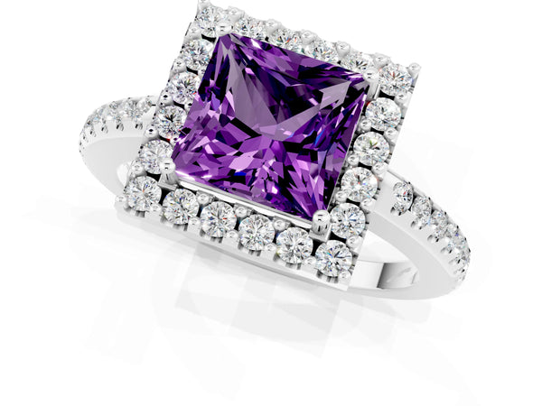 Platinum Princess Cut Amethyst Pavé Halo Ring with Four-Prong Setting