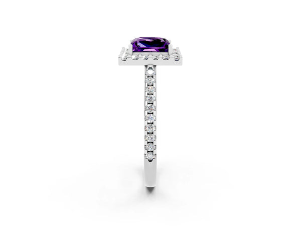 Platinum Princess Cut Amethyst Pavé Halo Ring with Four-Prong Setting