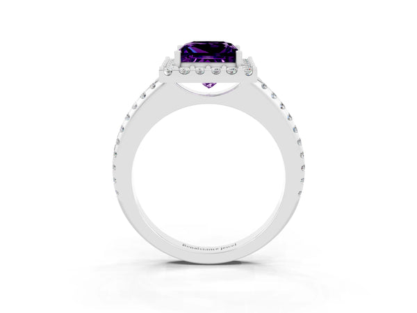 Platinum Princess Cut Amethyst Pavé Halo Ring with Four-Prong Setting