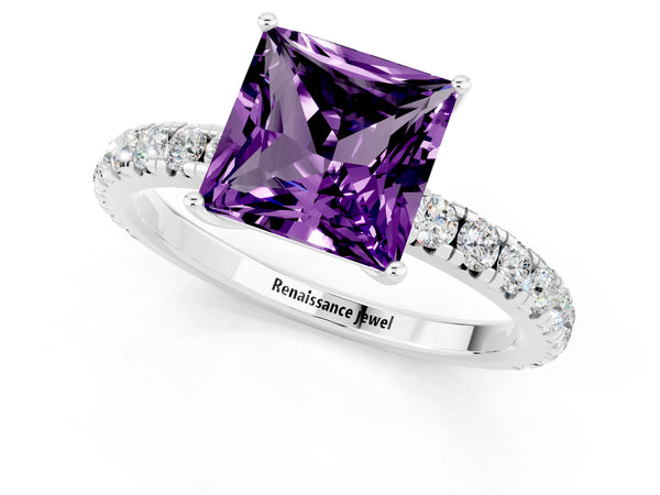 Platinum Princess Cut Amethyst Pavé Solitaire Engagement Ring with Four-Prong Setting